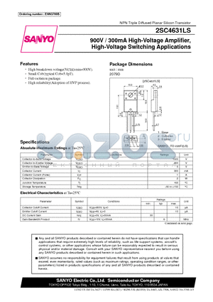 2SC4631LS datasheet - 900V/300mA High-Voltage Amplifier,High-Voltage Switching Applications