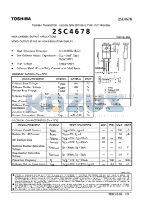 2SC4678 datasheet - NPN EPITAXIAL TYPE (HIGH CHROMA OUTPUT APPLICATIONS, VIDEO OUTPUT STAGE IN HIGH RESOLUTION DISPLAY)