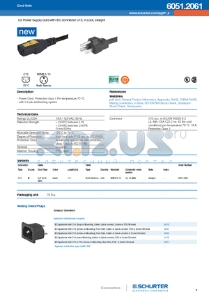 2061 datasheet - US Power Supply Cord with IEC Connector C13, V-Lock, straight