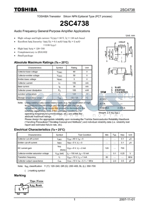 2SC4738 datasheet - Silicon NPN Epitaxial Type (PCT process) Audio Frequency General Purpose Amplifier Applications