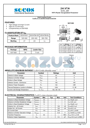 2SC4738 datasheet - 0.15A , 60V NPN Plastic Encapsulated Transistor