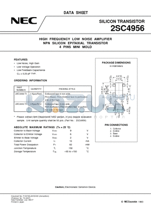 2SC4956 datasheet - HIGH FREQUENCY LOW NOISE AMPLIFIER NPN SILICON EPITAXIAL TRANSISTOR 4 PINS MINI MOLD