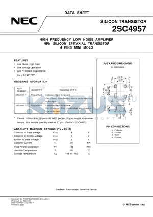 2SC4957-T2 datasheet - HIGH FREQUENCY LOW NOISE AMPLIFIER NPN SILICON EPITAXIAL TRANSISTOR 4 PINS MINI MOLD