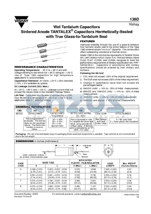 138D128X0006K2 datasheet - Wet Tantalum Capacitors Sintered Anode TANTALEX Capacitors Hermetically-Sealed with True Glass-to-Tantalum Seal