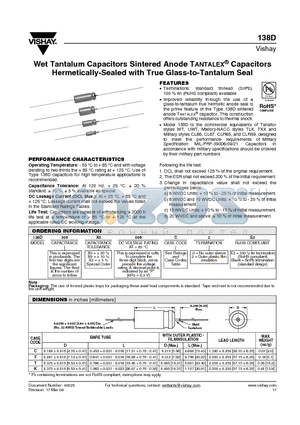138D147X0006F2 datasheet - Wet Tantalum Capacitors Sintered Anode TANTALEX^ Capacitors Hermetically-Sealed with True Glass-to-Tantalum Seal