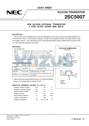 2SC5007 datasheet - NPN SILICON EPITAXIAL TRANSISTOR 3 PINS ULTRA SUPER MINI MOLD