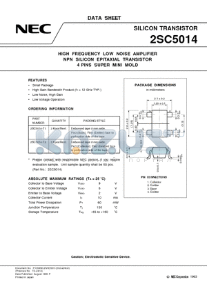 2SC5014 datasheet - HIGH FREQUENCY LOW NOISE AMPLIFIER NPN SILICON EPITAXIAL TRANSISTOR 4 PINS SUPER MINI MOLD