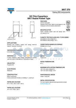 BFC237011125 datasheet - DC Film Capacitors MKT Radial Potted Type