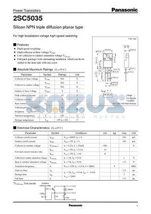 2SC5035 datasheet - Silicon NPN triple diffusion planar type(For high breakdown voltage high-speed switching)