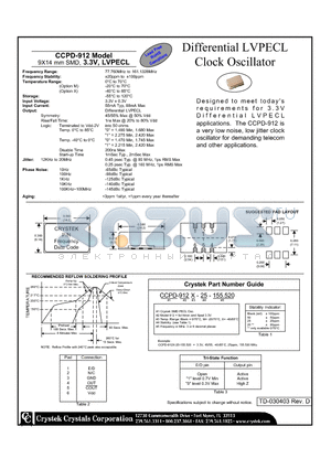 CCPD-912-155.520 datasheet - Differential LVPECL Clock Oscillator 9X14 mm SMD, 3.3V, LVPECL