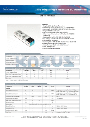 C-15-155-FDFB-SLC8A-G5 datasheet - 155 Mbps Single Mode SFF LC Transceiver