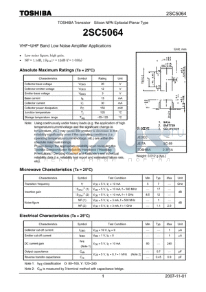 2SC5064 datasheet - Silicon NPN Epitaxial Planar Type VHF~UHF Band Low Noise Amplifier Applications
