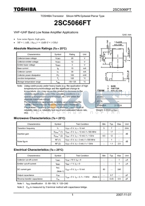 2SC5066FT_07 datasheet - Silicon NPN Epitaxial Planar Type VHF~UHF Band Low Noise Amplifier Applications