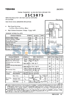 2SC5075 datasheet - NPN TRIPLE DIFFUSED TYPE (SWITCHING REGULATOR AND HIGH VOLTAGE SWITCHING, HIGH SPEED DC-DC CONVERTER APPLICATIONS)