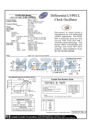 CCPD-920X-50-100.000 datasheet - Differential LVPECL Clock Oscillator