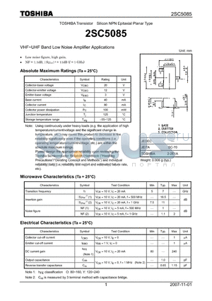 2SC5085 datasheet - Silicon NPN Epitaxial Planar Type VHF~UHF Band Low Noise Amplifier Applications