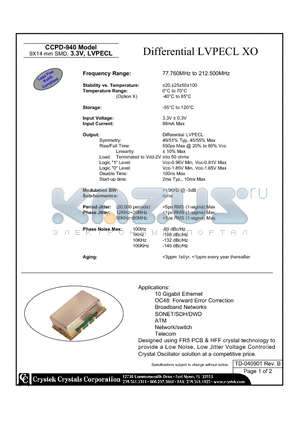 CCPD-940-50-155.520 datasheet - Differential LVPECL XO 9X14 mm SMD, 3.3V, LVPECL