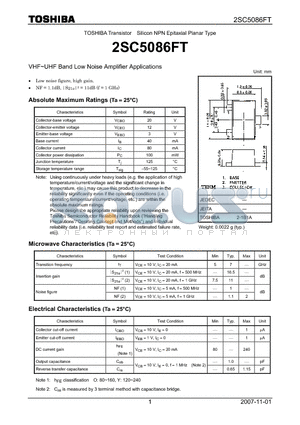 2SC5086FT datasheet - Silicon NPN Epitaxial Planar Type VHF~UHF Band Low Noise Amplifier Applications