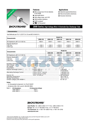 2089-300-BT1LF datasheet - High Voltage Mini-2-Electrode Gas Discharge Tube