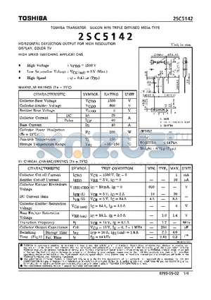 2SC5142 datasheet - NPN TRIPLE DIFFUSED MESA TYPE (HORIZONTAL DEFLECTION OUTPUT FOR HIGH RESOLUTION DISPLAY, COLOR TV HIGH SPEED SWITCHING APPLICATIONS)