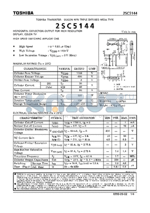 2SC5144 datasheet - NPN TRIPLE DIFFUSED MESA TYPE (HORIZONTAL DEFLECTION OUTPUT FOR HIGH RESOULTION DISPLAY, COLOR TV HIGH SPEED SWITCHING APPLICATIONS)