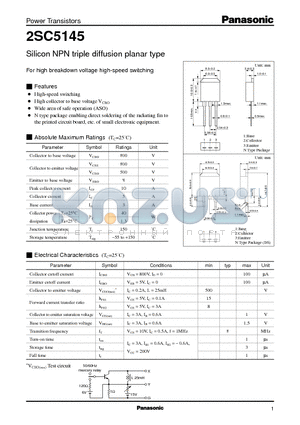 2SC5145 datasheet - Silicon NPN triple diffusion planar type(For high breakdown voltage high-speed switching)