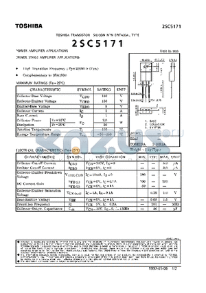 2SC5171 datasheet - NPN EPITAXIAL TYPE (POWER, DRIVER STAGE AMPLIFIER APPLICATIONS)