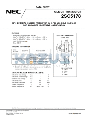 2SC5178 datasheet - NPN EPITAXIAL SILICON TRANSISTOR IN 4-PIN MINI-MOLD PACKAGE FOR LOW-NOISE MICROWAVE AMPLIFICATION