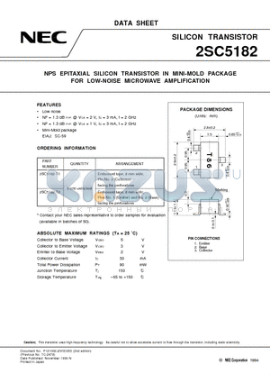 2SC5182 datasheet - NPS EPITAXIAL SILICON TRANSISTOR IN MINI-MOLD PACKAGE FOR LOW-NOISE MICROWAVE AMPLIFICATION