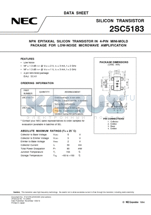 2SC5183-T2 datasheet - NPN EPITAXIAL SILICON TRANSISTOR IN 4-PIN MINI-MOLD PACKAGE FOR LOW-NOISE MICROWAVE AMPLIFICATION