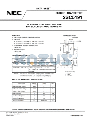 2SC5191-T1 datasheet - MICROWAVE LOW NOISE AMPLIFIER NPN SILICON EPITAXIAL TRANSISTOR