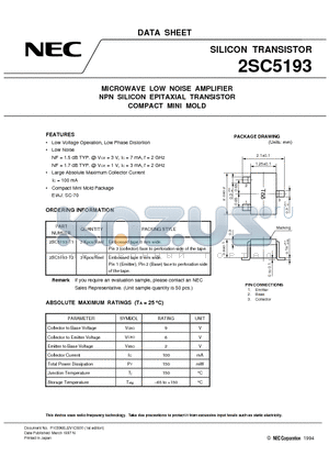 2SC5193 datasheet - MICROWAVE LOW NOISE AMPLIFIER NPN SILICON EPITAXIAL TRANSISTOR COMPACT MINI MOLD