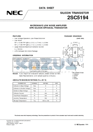 2SC5194 datasheet - MICROWAVE LOW NOISE AMPLIFIER NPN SILICON EPITAXIAL TRANSISTOR