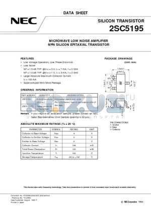 2SC5195 datasheet - MICROWAVE LOW NOISE AMPLIFIER NPN SILICON EPITAXIAL TRANSISTOR