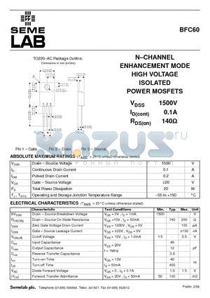 BFC60 datasheet - N-CHANNEL ENHANCEMENT MODE HIGH VOLTAGE ISOLATED POWER MOSFETS
