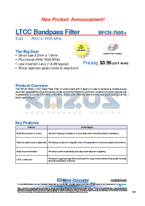 BFCN-7500+ datasheet - LTCC Bandpass Filter