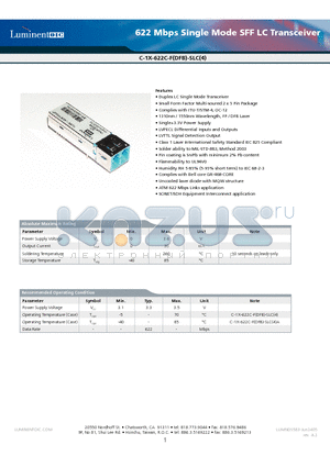 C-15-622C-FDFB-SLCA datasheet - 622 Mbps Single Mode SFF LC Transceiver