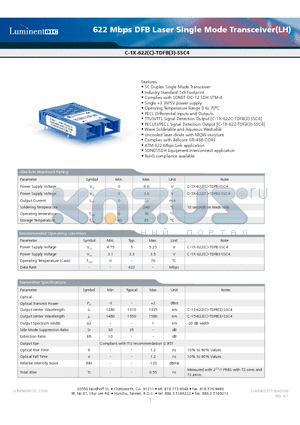 C-15-622C-TDFB3-SSC4BGR datasheet - 622 Mbps DFB Laser Single Mode Transceiver(LH)