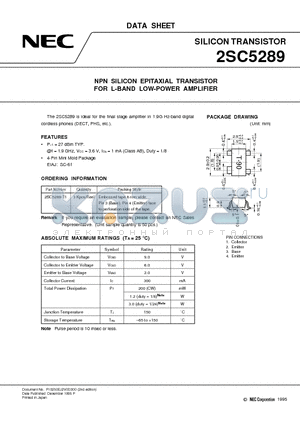 2SC5289 datasheet - NPN SILICON EPITAXIAL TRANSISTOR FOR L-BAND LOW-POWER AMPLIFIER