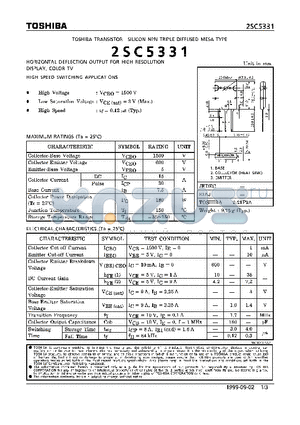 2SC5331 datasheet - NPN TRIPLE DIFFUSED MESA TYPE (HORIZONTAL DEFLECTION OUTPUT FOR HIGH RESOLUTION DISPLAY, COLOR TV HIGH SPEED SWITCHING APPLICATIONS)