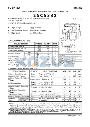 2SC5332 datasheet - NPN TRIPLE DIFFUSED MESA TYPE (HORIZONTAL DEFLECTION OUTPUT FOR HIGH RESOLUTION DISPLAY, COLOR TV. HIGH SPEED SWITCHING APPLICATIONS)