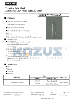 209SDRSYGW-S530-A3 datasheet - 3.0mm Multi-Color Round Type LED Lamps