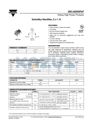 20CJQ030PBF datasheet - Schottky Rectifier, 2 x 1 A