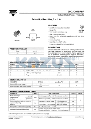 20CJQ045PBF datasheet - Schottky Rectifier, 2 x 1 A