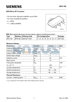 BFG193 datasheet - NPN Silicon RF Transistor (For low noise, high-gain amplifiers up to 2GHz For linear broadband amplifiers)