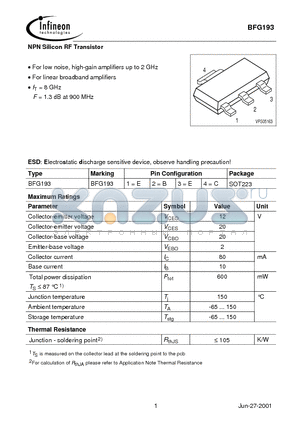 BFG193 datasheet - NPN Silicon RF Transistor