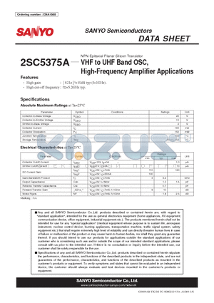 2SC5375A datasheet - NPN Epitaxial Planar Silicon Transistor VHF to UHF Band OSC, High-Frequency Amplifier Applications