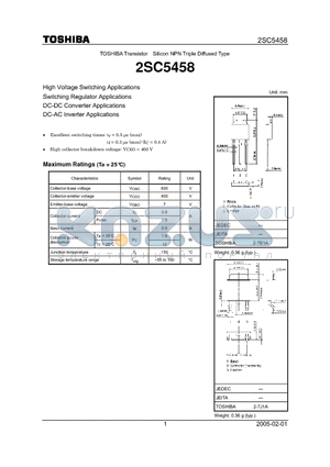 2SC5458 datasheet - High Voltage Switching Applications