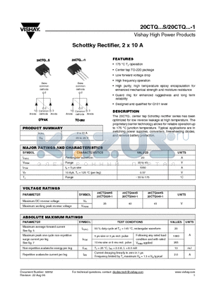 20CTQ040-1 datasheet - Schottky Rectifier, 2 x 10 A