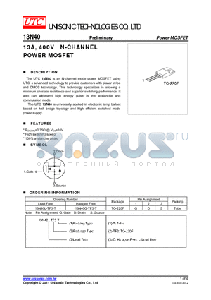 13N40L-TF3-T datasheet - 13A, 400V N-CHANNEL POWER MOSFET